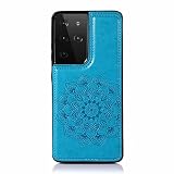 Lijc Kompatibel mit Samsung Galaxy S21 Ultra 5G Hülle Botón Doble Doppelter Knopf Mandala Geprägt PU Leder Kartentaschen [Kartenfach] [Standfunktion] Anti-Schock Flip Schutzhülle-Blau