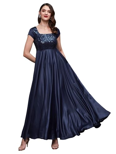 Image of Miss Chase Women's Round Neck Sleeve Embellished Fit Flare Maxi Dress
