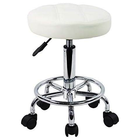 KKTONER Round Rolling Stool Chair PU Leather Height Adjustable Swivel Drafting Work SPA Shop Salon Stools with Wheels Office Chair Small (White) Cover