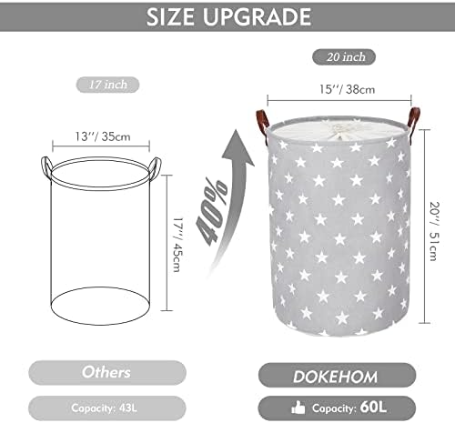 DOKEHOM 20-Inches Freestanding Laundry Basket with Lid, Collapsible Large Drawstring Clothes Hamper Storage with Handle (Grey Star, L)