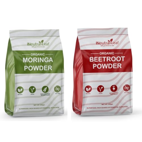 Image of NeutraLeaf Organic Moringa Powder 200g + Beetroot Powder 200g Combo for Men & Women | 100% Pure Superfood | Supports Immunity, Energy, Digestion, Heart Health | 67 Servings Each Pack