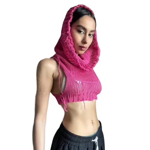 Image of Women's Knitted Hoodie Sweater Vest Sexy Sleeveless Hollow Out Hooded Crop Top Draped Sweatshirt Streetwear