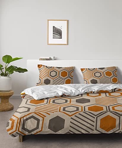 Duvet Cover California King Size Bedding Set Vintage Geometric Orange Grey Stripe 4 Pieces Microfiber Comforter Cover Soft Duvet Covers Bed Sheet Pillow Cases For Bedroom Hexagon Art On Retro Burlap #TOP2