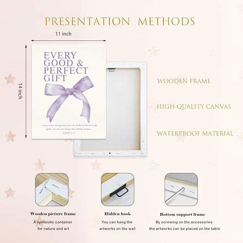 Image of LARTSFRO Coquette Purple Bow Canvas Wall Art Decor Prints Posters, Purple Bow Room Bedroom Bathroom Dorm Wall Art Decor Aesthetic for College Teen Girls Gifts, Inspirational Bible Verses Bow Wall Decor, 11x14 Inch Set of 4 Pcs Bow Pictures (Canvas Framed 11X14)
