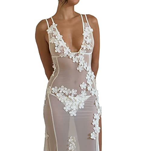 Image of Women See Through Sheer Lace Long Dress Sleeveless Floral Patch Maxi Dress Summer Beach Cover Up Vocation Dress