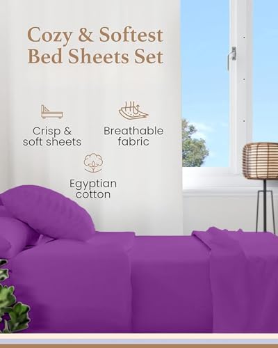 Image of Good Sleep Bedding 100% Egyptian Cotton Sheets Queen Size Bed Set, 4 Piece Silky Sateen Weave Queen Sheet Set, Ultra-Soft & Durable Hotel Luxury, 16 Inch Queen Sheets Deep Pocket - Purple