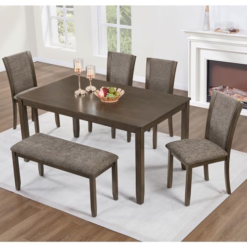 Image of KEIKI 6-Piece Standard Height Dining Table Set with Rectangular Table, 4 Upholstered Chair, Bench, for 6 Person, Modern Style Wooden Table Set, Easy Assembly, for Kitchen, Dining Room, Dark Walnut