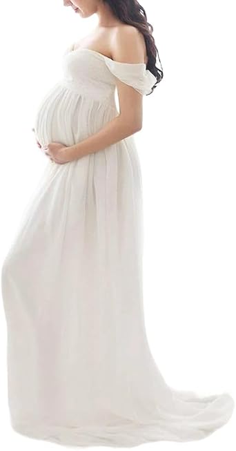Maternity Dress for Photoshoot Sexy Front Slit Tulle Robe Gowns Maxi Dress Wedding Party Photography Pregnant Women Clothes-White||M