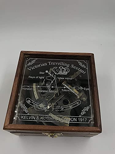 Image of TECHZONE Hughes Brass Vintage Nautical Handmade German Sextant De Navigation with Wooden Antique Finish Glass Box (Standard)