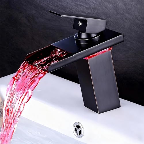 LED Wasserhahn Schwarz Bad, RGB 3 Farbwechsel Wasserfall Wasserhahn, Waschtischarmatur aus Messing, Waschtischarmaturen mit Auslaufhöhe 122 MM High, 2 Schlauches（G3/8'）