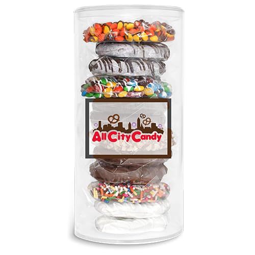 All City Candy Signature Gourmet Chocolate Covered Pretzel Twists Gift Tube – 12 Hand-Dipped Assorted Flavors in Milk, Dark, White Chocolate & Candy coated toppings – Sweet & Salty Treats for Holidays, Birthdays, and Corporate Gifting