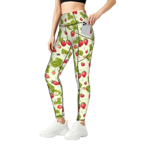 Pantalones de yoga elásticos que no se bajan con estampado de fresas y bolsillos