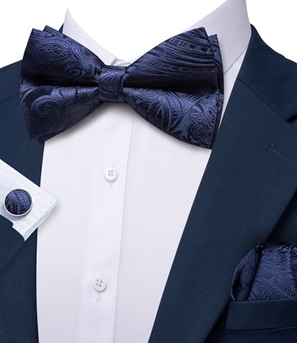 Image of Barry.Wang Paisley Striped Bow Tie for Men Silk Pre-Tied Bowtie Pocket Square Cufflinks Set Formal Wedding Party Prom