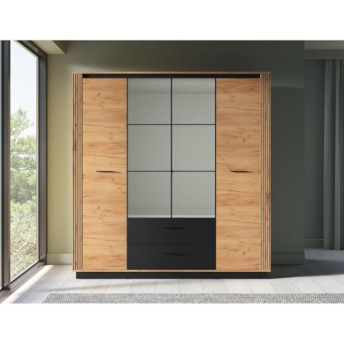 Lomadox Schlafzimmer Komplettset inkl. Bett 160x200 cm Bettkasten Kleiderschrank Kommode Wandregal Nachttische in Eiche mit schwarz – Bild 3