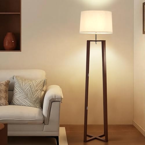 Image of 66 inch Bamboo Corner Floor Lamp with Linen Shade, Mid Century Standing Lamp, Modern Natural Tall Floor Lamp for Living Room Bedroom Office, E26 (Walnut Color)