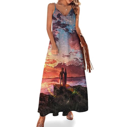 Robe longue d'été sans manches Nebula Surf pour femmes | Robe maxi col V de plage décontractée