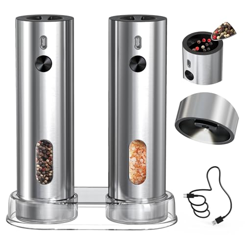 CIRCLE JOY Elektrische Salz und Pfeffermühle Set Wiederaufladbare Salz und Pfeffermühle aus Edelstahl mit Sockel, Einstellbarer Grobheit, 110ml Behälter und Weißem LED-Licht, Schwarz