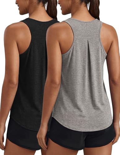 PINSPARK Womens Workout Tank Tops Loose Fit Gym Shirt Racerback Running Shirts Quick Dry Athletic Top Pack, Black/Light Grey XL