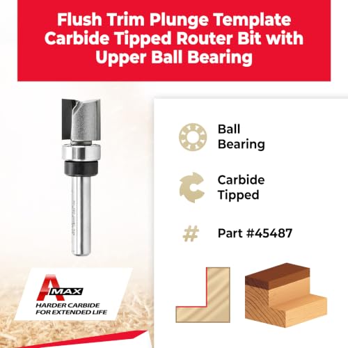 Image of Amana Tool 45487 Carbide Tipped Flush Trim Plunge Template Router Bit 1 /2 Dia x 1 /2 x 1 /4 Inch Shank with Upper Ball Bearing