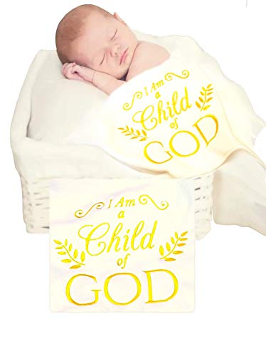 Wakuma Receiving Baby Blanket. I am A Child of God Gold Lace Embroidered