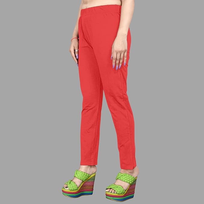 Image of Women's Solid Cotton Lycra Pants-High Waist Slim Fit Stretchable Leggings - Comfortable Long Trousers for Casual, Office & Everyday Wear