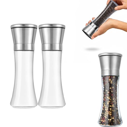 GoodTool 2PCS Pepper Mill Sets Refillable Salt Pepper Grinder-Clear Manual Pepper Grinder Glass Spice Mill with Adjustable Coarseness Stainless Steel Kitchen Grinder (Large 190ml/6.6oz)