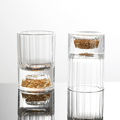 Siyouki Crystal Shot Glasses 1.5 Oz Set Decorated With 24K Gold Leaf Flakes Lead-Free Handmade Set Suitable For Maotai,Spirits,Drinks Tastin, Gift-Box Packaging (2Pcs) #TOP2
