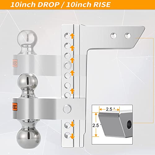 Locame Adjustable Trailer Hitch, Fits 2.5-Inch Receiver Only, 10-Inch Drop/Rise Aluminum Drop Hitch,18,500 Lbs Gtw-Tow Hitch For Heavy Duty Truck With Double Stainless Steel Locks, Silver, Lc0009 #TOP6