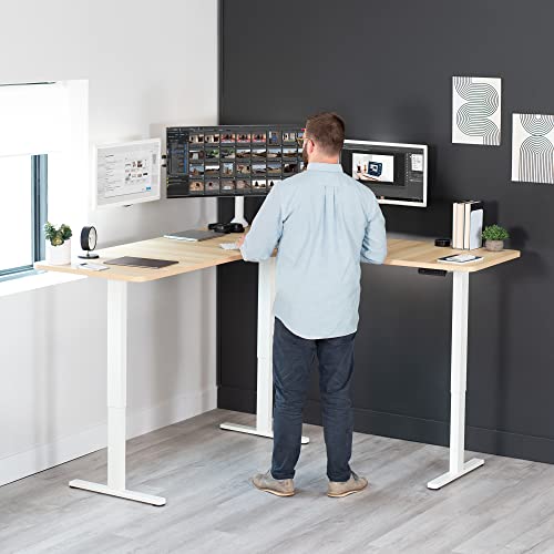 Image of VIVO Electric Height Adjustable 71 x 71 inch Curved Corner Stand Up Desk, Light Wood Table Top, White Frame, Memory Controller, L-Shaped Workstation, E3C Series, DESK-KIT-E3CWC