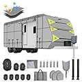 Plscoverit Travel Trailer RV Cover, 24'-26' Camper Cover, 900D Oxford Top Waterproof Rip-Resistant Anti-UV Motorhome Hauler Cover with Zipper Door, Wind Straps, 4 Tire Covers and Gutter Covers