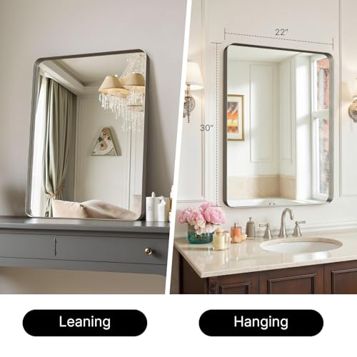 Image of Kosmonia 30 inchx22 inchBathroom Mirror for Wall Metal Framed Brushed Nickel | Anti-Rust, HD Reflection Anti-Desilvering, Distortion Free, Tempered and Shatter-Proof Wall Mounted Mirror