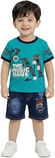 RIZZQ Kids Dress for Boys | Round Printed Neck Half Sleeve T-shirt and Pant Clothing Set for Baby Boys