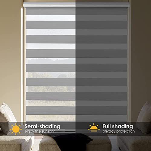 Allbright Zebra Window Blinds 23" W × 64" H Grey, Dual Layer Roller Shade, Room Darkening Shade Roll Up And Pull Down Blinds, Light Filtering Window Shades For Day And Night, Easy To Install #TOP4