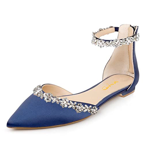 Image of XYD Women Classic Pointed Toe D'Orsay Wedding Flat Sandals Sparkly Rhinestones Ankle Strap Low Heel Dress Shoes with Zipper