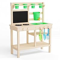 Outdoor Spielküche aus massivem Tannenholz – Mit Wasserhahn, doppelseitiger Tafel, Regal, Spülbecken und Kochfeld – Gartenspielzeug für Kinder ab 3 Jahren