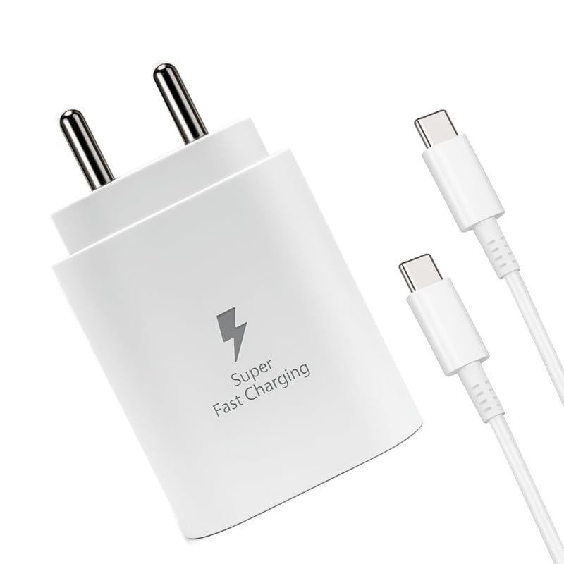 Image of Super Fast Charger Adapter with Cable Compatible with Samsung S /A /M /F /Z Series,S26 /S25 /S24 /S23 /S22 /S21 /Fe /Plus /Edge /Ultra /Flip /Fold & More, USB-C BIS Certified -JJ White
