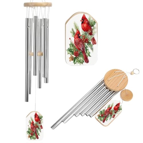 Scacciapensieri commemorativi con due uccelli rossi sui rami di agrifoglio, con 6 tubi in alluminio, decorazione da giardino