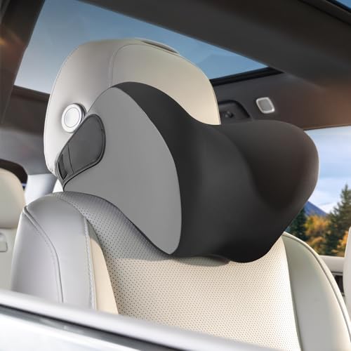 BEBAS Car Headrest Pillow, Memory Foam Neck Support Pillow for Cars - Ergonomically Designed for Long Drives, Travel & Commuting, Pain Relief with Removable & Washable Cover (Black Gray, 1-Pack)