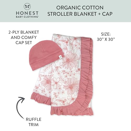 HonestBaby 2-Piece Knit Stroller Blanket with Trim Detail and Baby hat, Sketchy Floral Pink, One Size