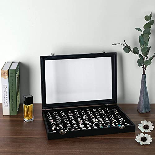 Image of BucketList Women's Velvet Glass Ring Earrings Jewelry Box - Display Storage Showcase Holder Organizer (100 Slot Ring Jewellery Box-Black)