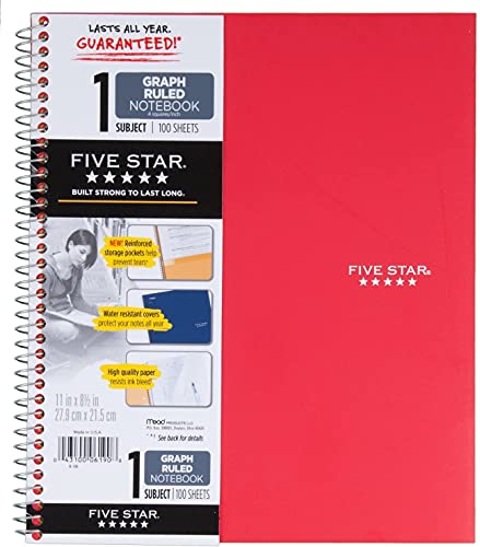 Five Star Spiral Notebook, Graph Ruled, 1 Subject, 8.5 X 11 Inches, 100 Sheets, Assorted Colors (06190), Pack Of 6 #TOP3