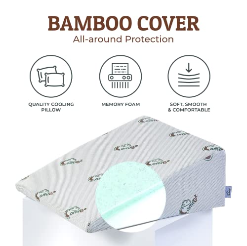 Comfez Cooling Memory Foam Wedge Pillow - Reading & Watching Tv Pillow - Zippered Bamboo Jacquard Cover - May Help For Acid Reflux, Back Pain, Sleep Apnea And Reduce Snoring (25X25X10”) #TOP1