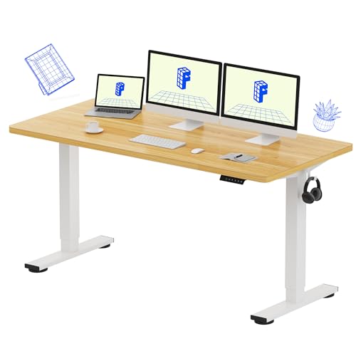 FLEXISPOT EN1 One-Piece Standing Desk, 60x24 Inches Large Electric Height Adjustable Sit Stand up Desk for Home Office (White Frame + Maple Desktop, 2 Packages)