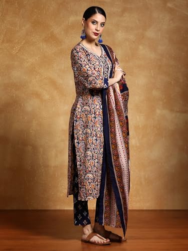 Varanga Women-Zari Detailed Ethnic Floral Printed Kurta With Trouser & Dupatta