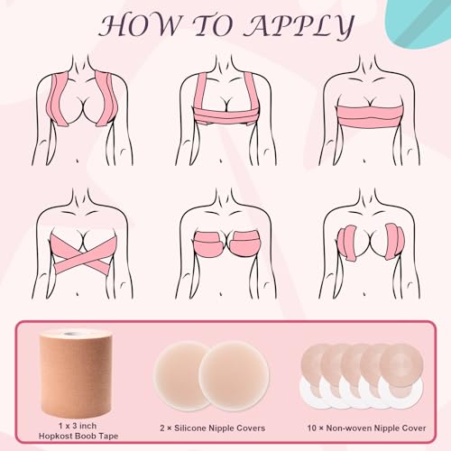 Hopkost Boob Tape Breast Lift Tape for Large Breasts with 2 Pcs Nipple Covers Invisible Boobtape for A-G Cup(Beige,3 in)