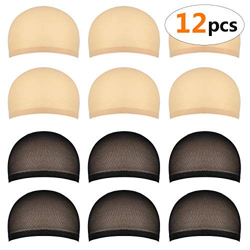 12 piezas Gorros de Peluca para Hombre y Mujer, Redecillas Casquillo de Peluca de Nylon Elástico y Delgada, un tamaño para todos (6 piezas beige natural+6 piezas negro)
