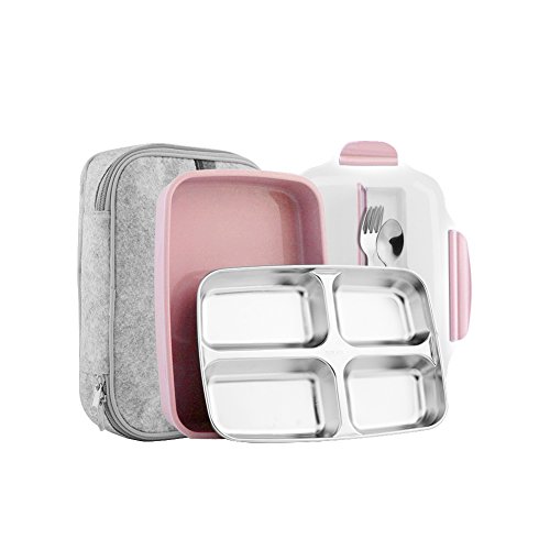 Slim Stainless Steel Square Lunch Box Set - Insulated Leak Proof Lunch Box for Adults and Kids, Non-toxic Tasteless safety, With Insulated Bag And Cutlery - Dishwasher Microwave Safe (Pink)