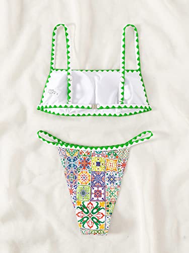 Wdirara Women's Floral Print Bikini Set 2 Piece Swimsuits Spaghetti Strap Bathing Suits Patchwork Print Green S #TOP1