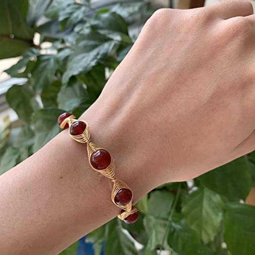Handmade Genuine Red Agate 14K Gold Filled Wire Wrapped Bracelet, Evil Eye Birthstone Chakra Healing Grounding Gemstone Crystal Beads Adjustable Bangle Cuff Jewelry Gift For Women Girls #TOP6