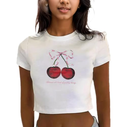 EMOTTOS Women Sexy Cherry Print Crop Top, Y2K Slim Fit Round Neck Tops, Soft Short Sleeve T-Shirt Fashion Skinny Summer Tee Shirt Going Out Clubbing Party for Ladies, White, S